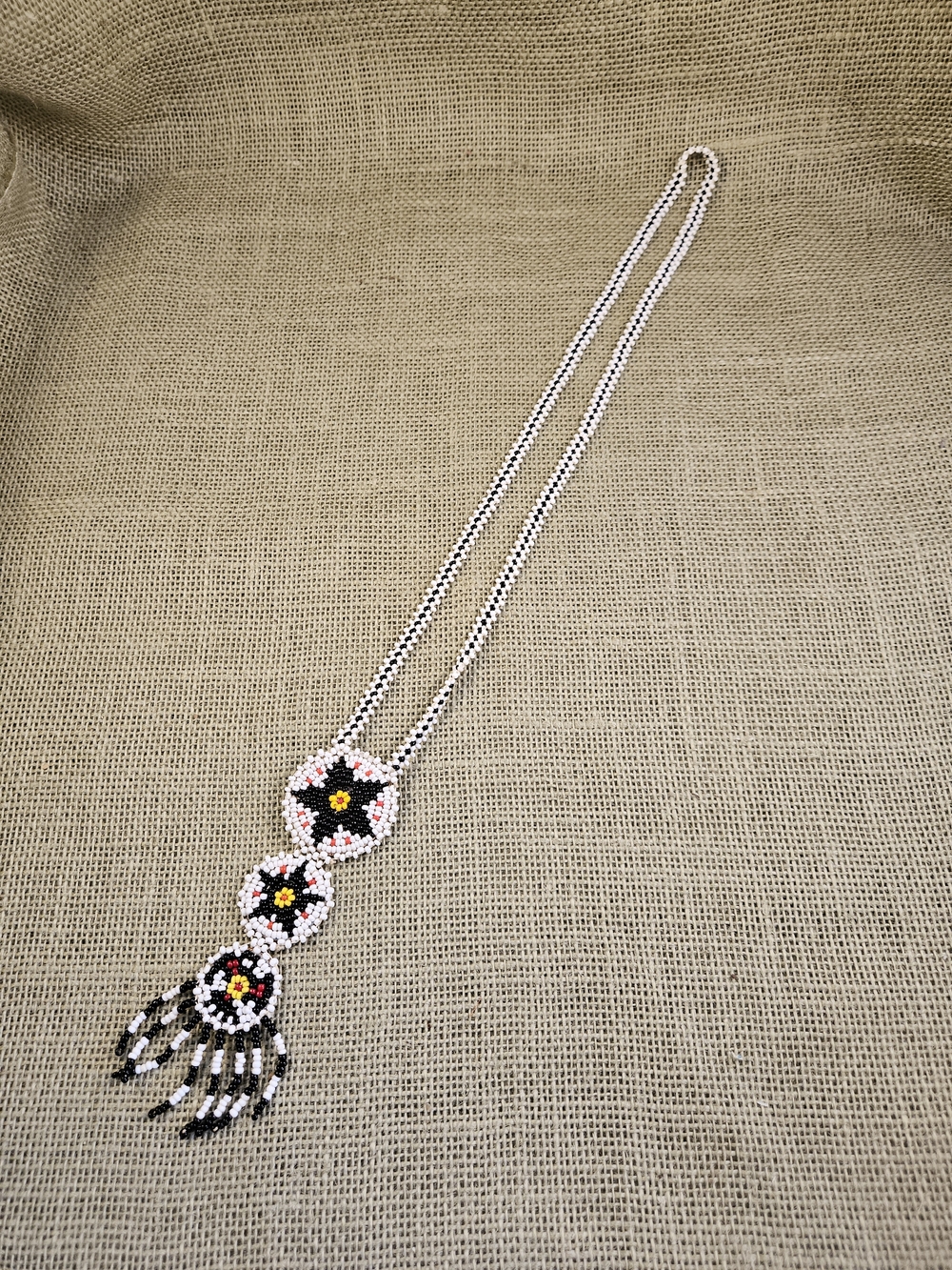 Handmade Beaded Lariat Necklace — Black, White, Red & Yellow Thunderbird Vintage